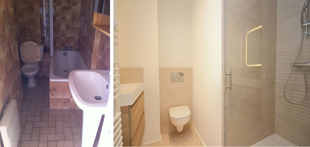Coin salle de douche avant-après dans un studio