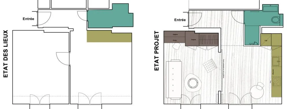 amenager studio 20m2 plan état des lieux et état projet pour comparer