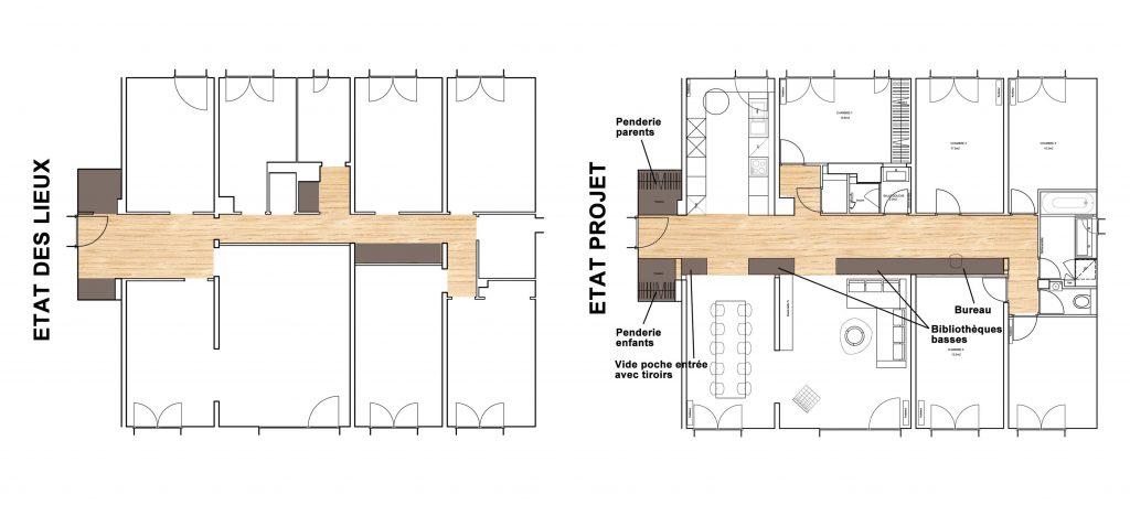 Plan architecte interieur avec ici le plan état des lieux et le plan projet permettant d aménager un appartement des années 70