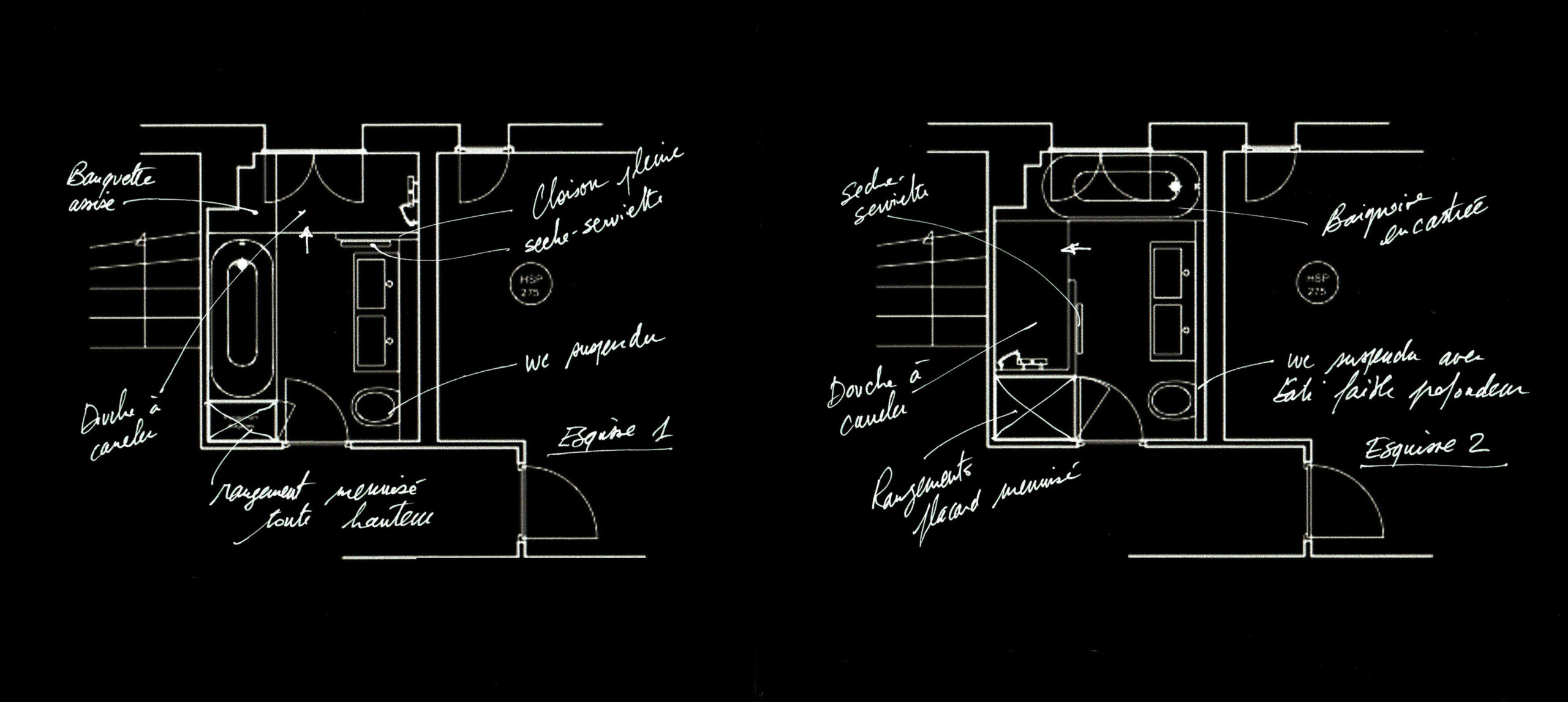 Les esquisses avec un architecte intérieur : la phase clé de votre projet - Deux plans différents pour donner le bon plan à l entreprise pour faire une salle de bain