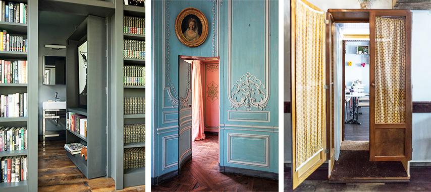 Une pièce secrète... une porte sous tenture, une porte cachée dans le fond d'une armoire, une porte dissimulée dans une bibliothèque