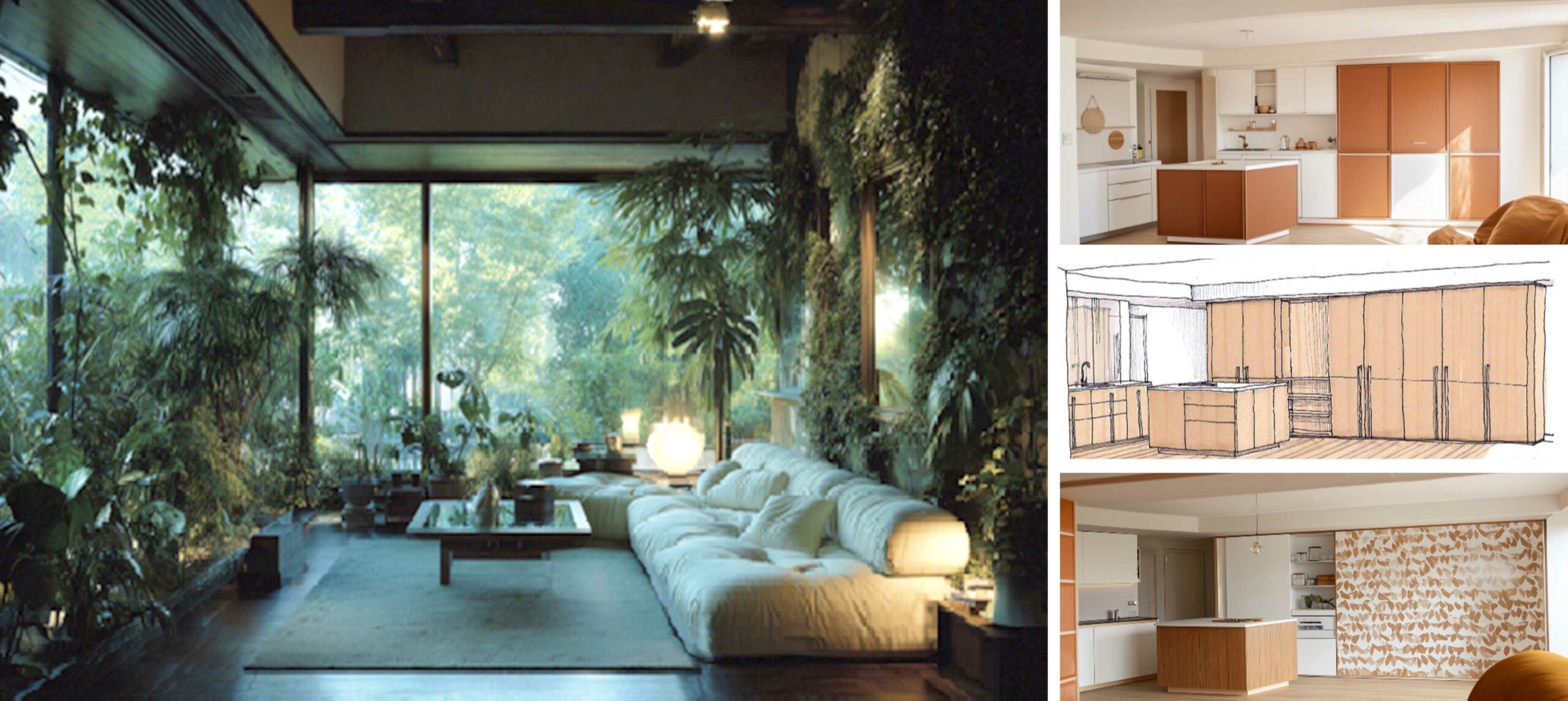 Illustration d’un espace intérieur contemporain généré par intelligence artificielle, associant minimalisme japonais, style scandinave, canapé confortable, lumière solaire à l’intérieur et végétation luxuriante. Et Illustration d’un dessin généré par IA selon un prompt personnalisé