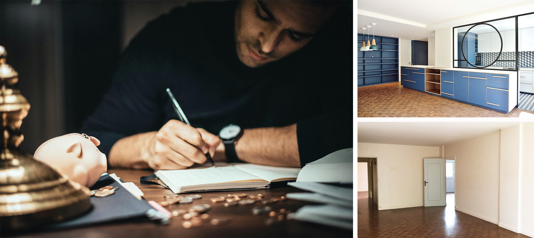 Illustration d'un homme comptabilisant son argent sur un carnet en parallèle d'une rénovation intérieure avec une photo avant et une photo après