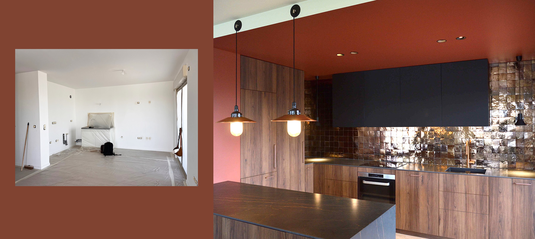Photo avant et après aménagement d'une cuisine en L sur-mesure dans un appartement VEFA
