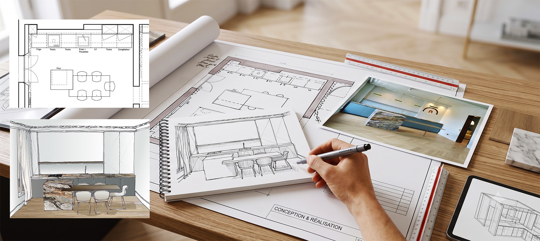 Les différentes étapes de conception d'un projet d'architecture d'intérieur : plan, esquisse et visualisation 3D d'une cuisine